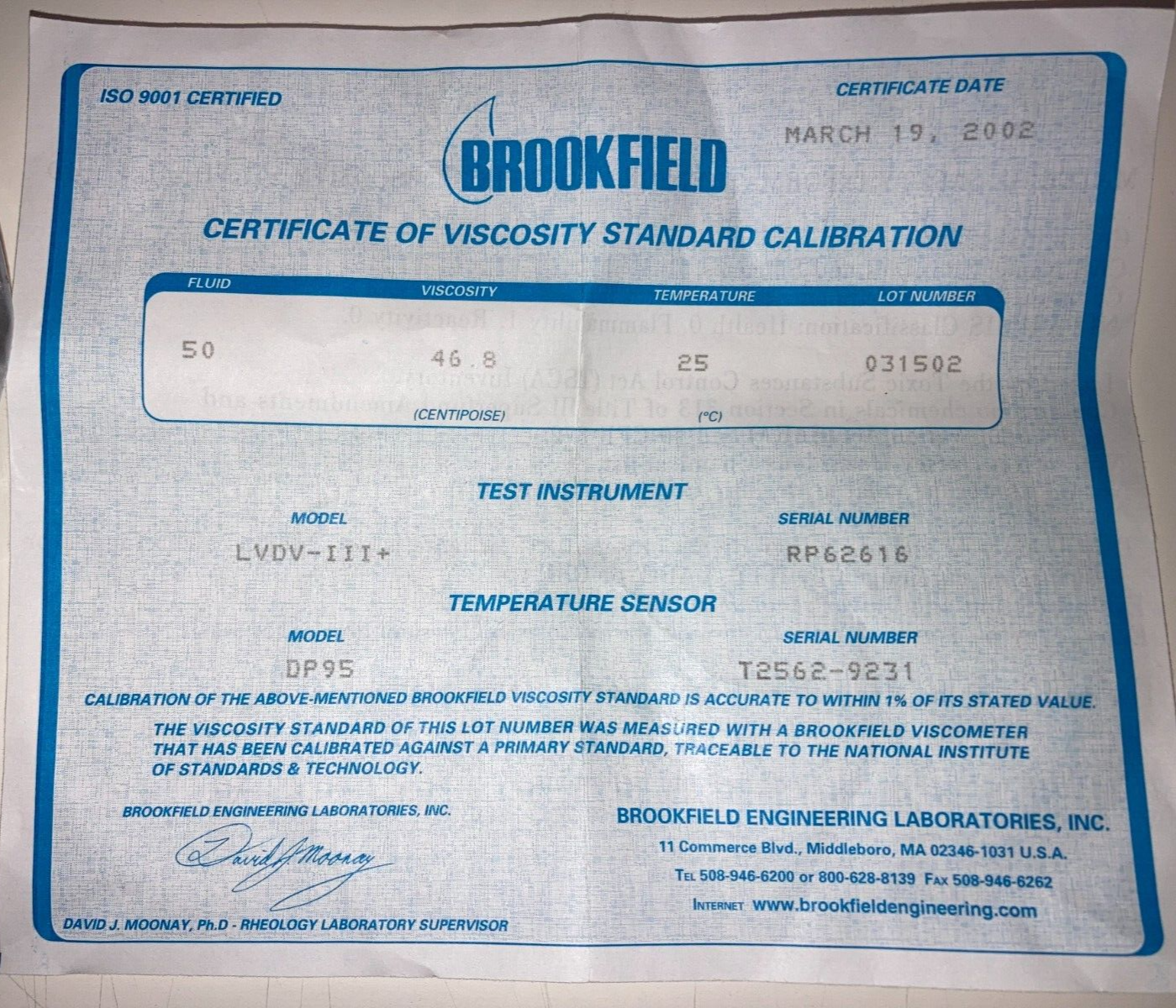 Brookfield Standards Viscosity Fluid 50 Viscosity 50 cP (mPa-s) Temp 25C