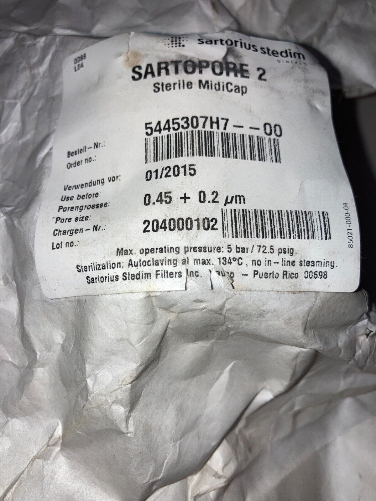 NEW OLD STOCK Sartorius 5445307H7-00 Sartopore 2 MidiCap Sterile 0.45 + 0.2 um