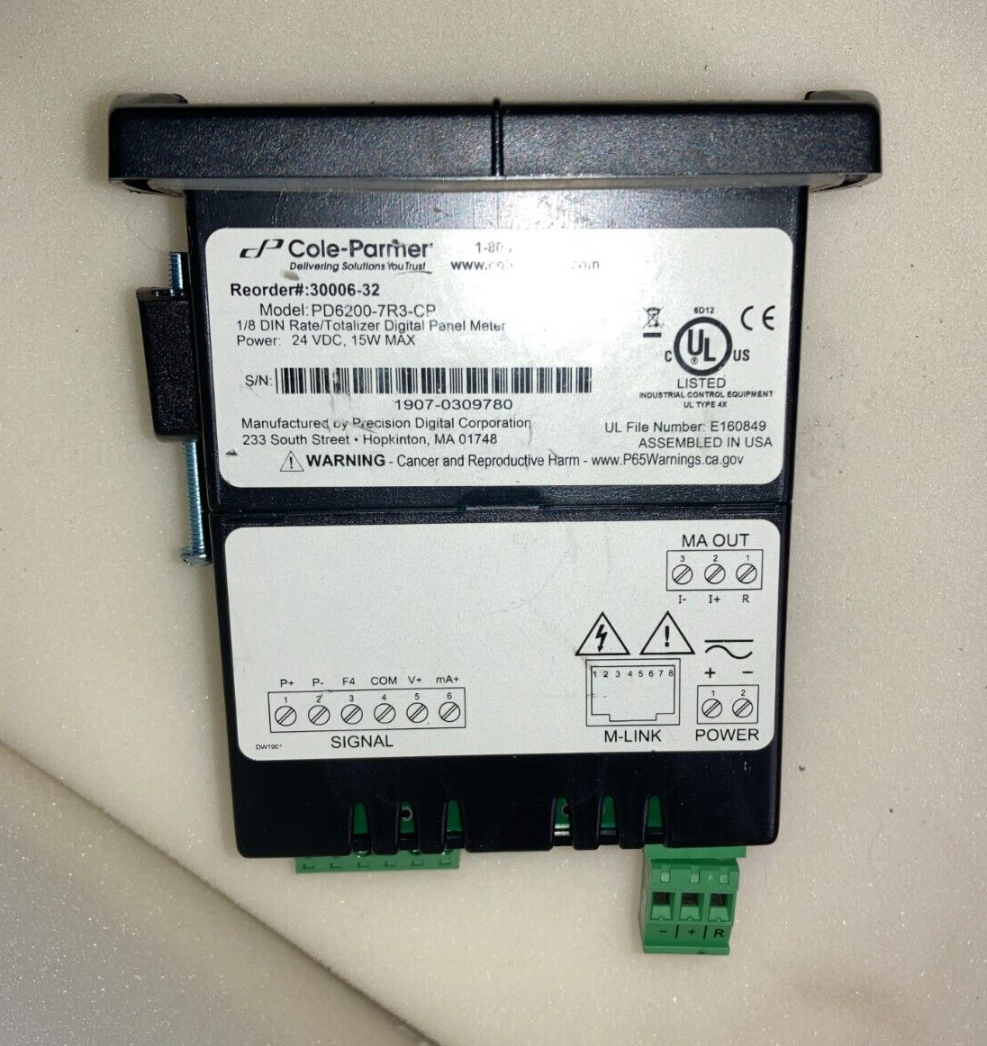 Cole-Parmer Analog input Rate/Totalizer, 4 to 20 mA Output, 12 to 24 VDC Power