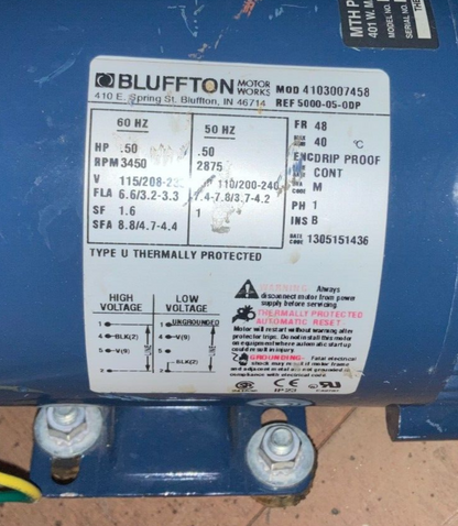 Bluffton Regenerative Turbine Pump 4103007458 Motor, 1/2HP 3450 RPM 115-230VAC