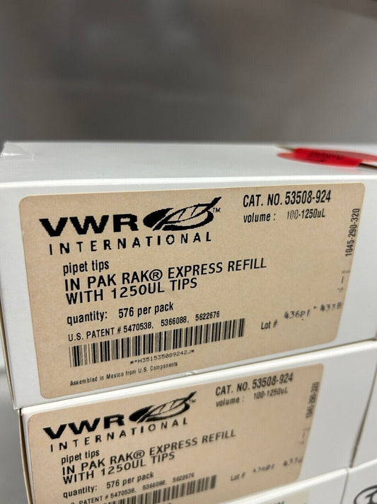 NEW BOX VWR 53508-924 Pipet Tips PAK RAK Refill 1250ul - 576 Tips