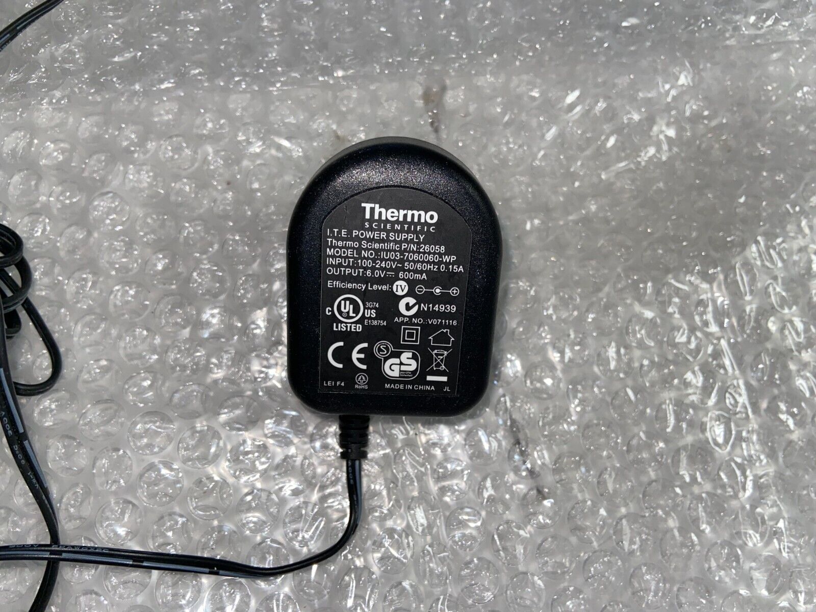 Thermo Scientific 26058 6.0v 600mA Electronic Pipette Charger