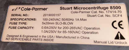 Cole Parmer Stuart 8500 Microcentrifuge, 8500 RPM; 100 to 240 VAC, 50/60 Hz