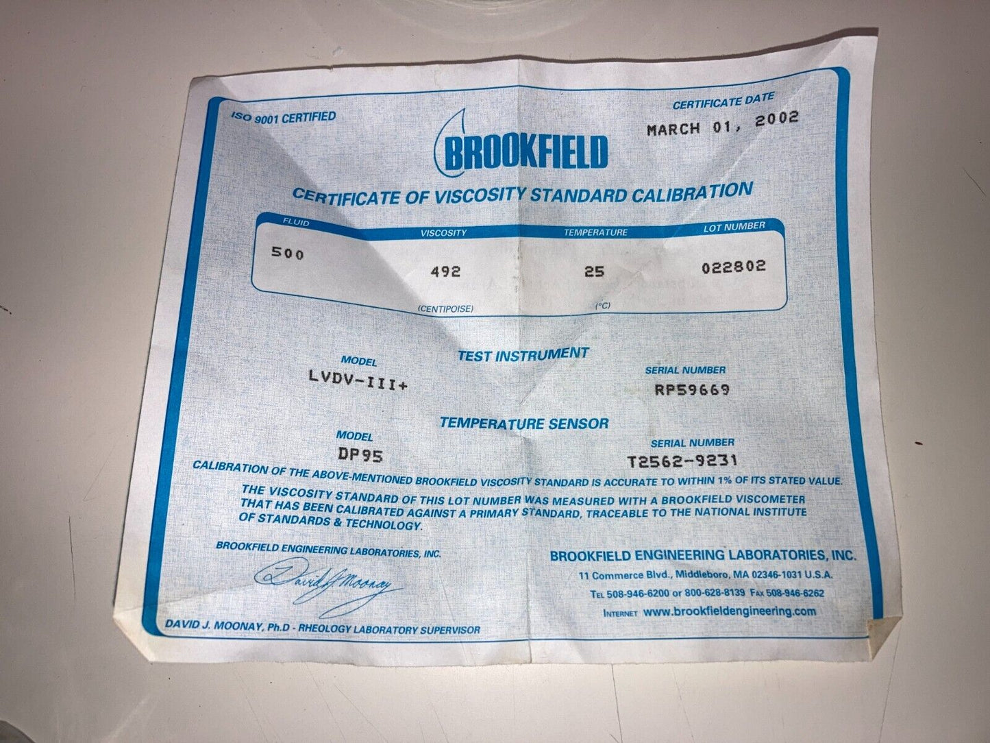 Brookfield Standards Viscosity Fluid 500 Viscosity 500 cP (mPa-s) Temp 25C